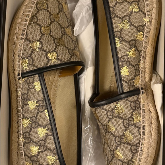 Gucci Shoes - Gucci Designer Espadrilles in Gold Bee and Tan